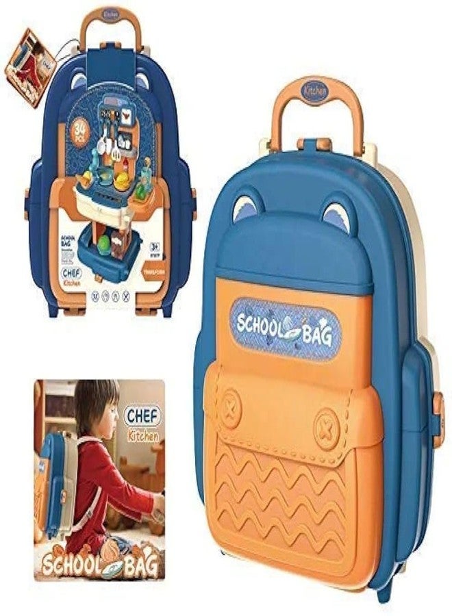 PN AVAN Kitchen Set for Kids 34 Pcs Simulation Portable Kitchen Set for Girls with Realistic Kitchen Suitcase for Kids for 3 Year Old Girls (School Bag Kitchen Set) (Blue) - Image 3
